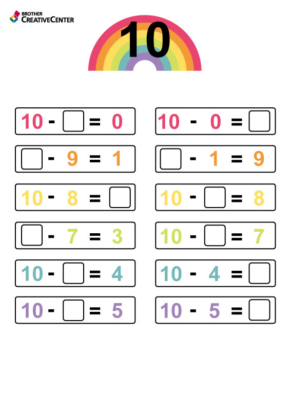 Free Printable Educational Activity - Number bonds to 10 - subtraction | Brother Creative Center