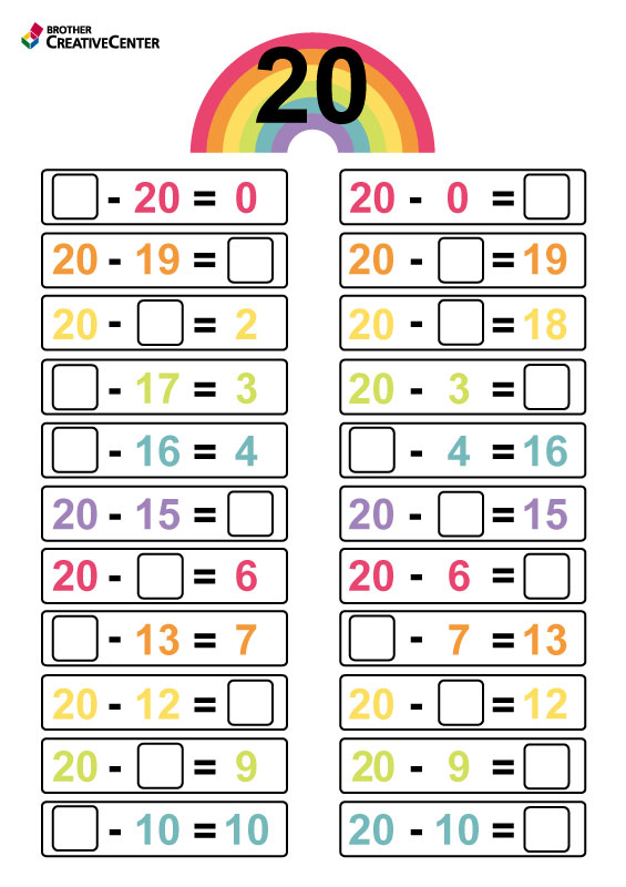 Printable Learning Activity for Free - Number Bonds To 20 - Subtraction | Brother Creative Center