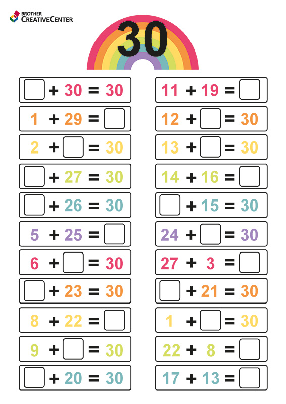 Free Printable Educational Activity - Number bonds to 30 - Addition | Brother Creative Center