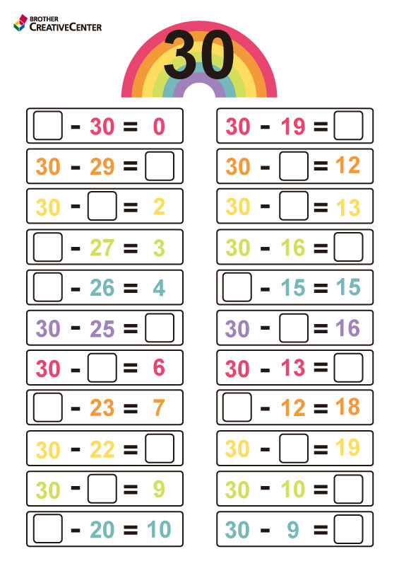 Activités pédagogiques imprimables gratuitement - Fiche pédagogique - soustractions avec le nombre 30 | Brother Creative Center