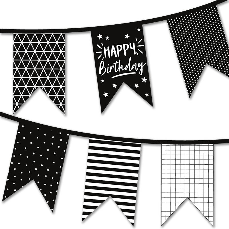 Decoraciones festivas imprimible gratis - Banderines de cumpleaños en blanco y negro | Brother Creative Center