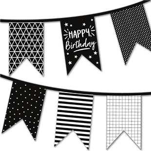 Decoraciones festivas imprimible gratis - Banderines de cumpleaños en blanco y negro | Brother Creative Center